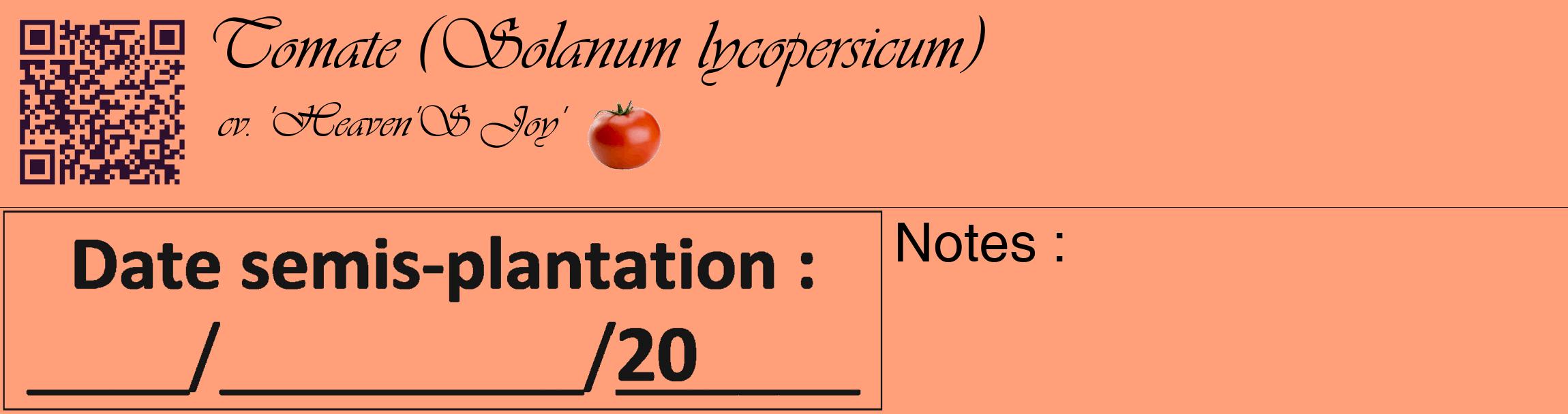 Étiquette de : Solanum lycopersicum cv. 'Heaven'S Joy' - format c - style noire39_basique_basiqueviv avec qrcode et comestibilité simplifiée