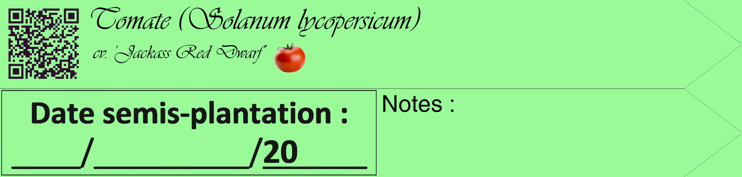 Étiquette de : Solanum lycopersicum cv. 'Jackass Red Dwarf' - format c - style noire14simple_simple_simpleviv avec qrcode et comestibilité simplifiée