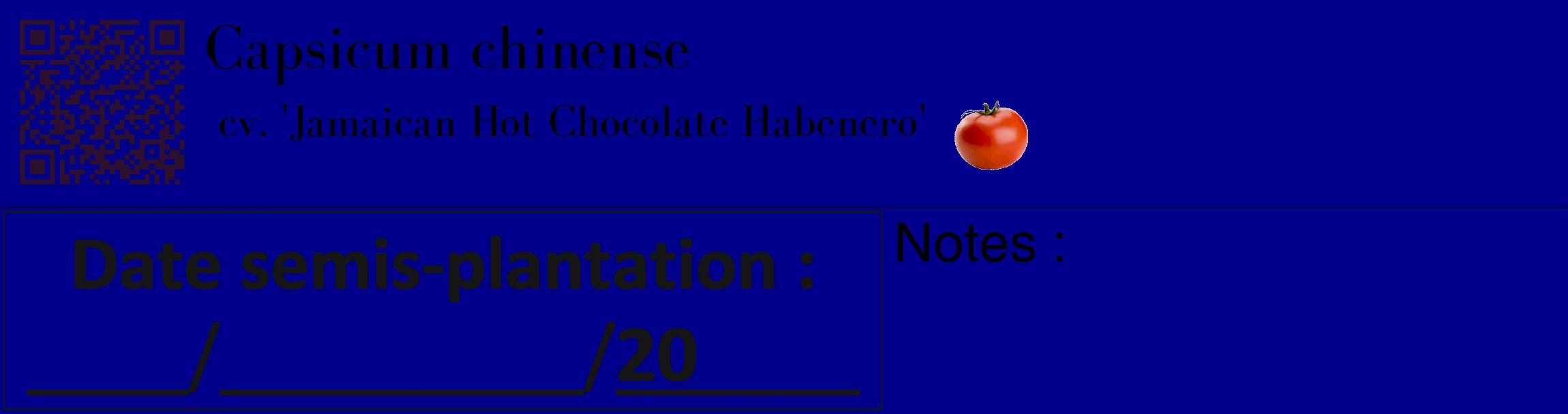 Étiquette de : Capsicum chinense cv. 'Jamaican Hot Chocolate Habenero' - format c - style noire7basique_basique_basiquebod avec qrcode et comestibilité simplifiée