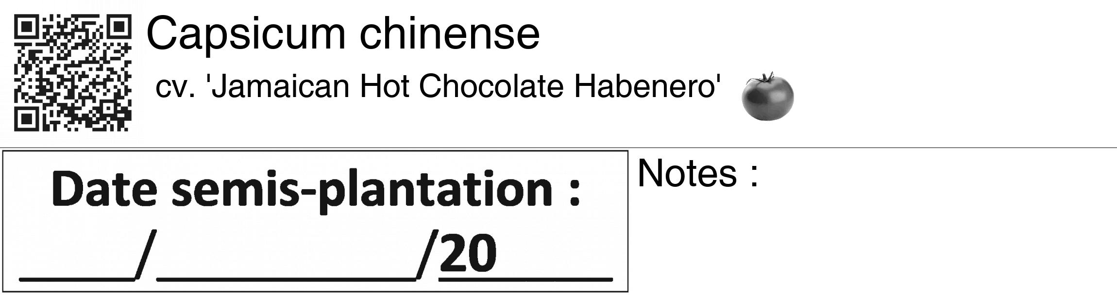 Étiquette de : Capsicum chinense cv. 'Jamaican Hot Chocolate Habenero' - format c - style noire60_basiquegrrvhel avec qrcode et comestibilité simplifiée