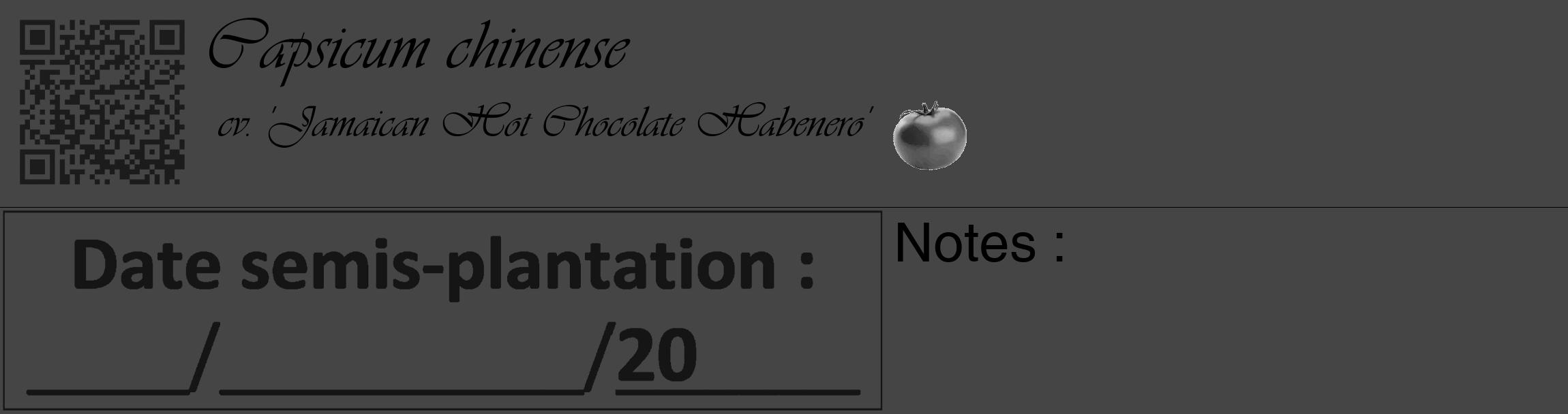 Étiquette de : Capsicum chinense cv. 'Jamaican Hot Chocolate Habenero' - format c - style noire58_basique_basiqueviv avec qrcode et comestibilité simplifiée