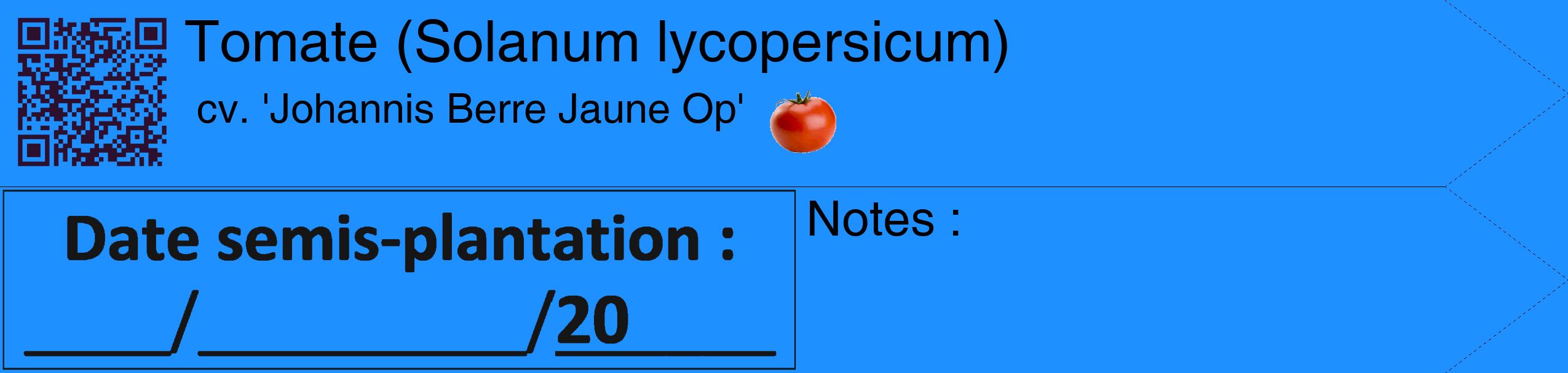 Étiquette de : Solanum lycopersicum cv. 'Johannis Berre Jaune Op' - format c - style noire3_simple_simplehel avec qrcode et comestibilité simplifiée