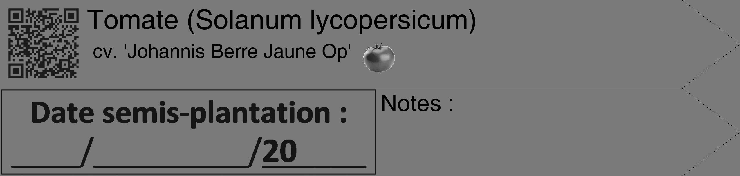 Étiquette de : Solanum lycopersicum cv. 'Johannis Berre Jaune Op' - format c - style noire3_simple_simplehel avec qrcode et comestibilité simplifiée