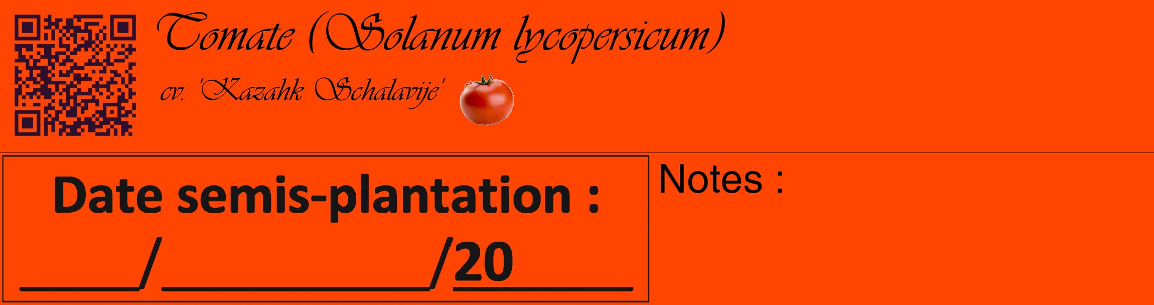 Étiquette de : Solanum lycopersicum cv. 'Kazahk Schalavije' - format c - style noire26_basique_basiqueviv avec qrcode et comestibilité simplifiée