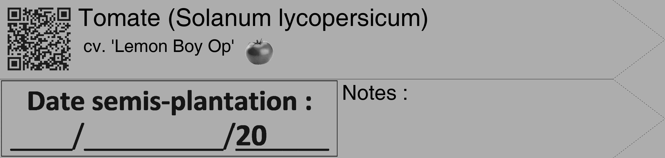 Étiquette de : Solanum lycopersicum cv. 'Lemon Boy Op' - format c - style noire22_simple_simplehel avec qrcode et comestibilité simplifiée