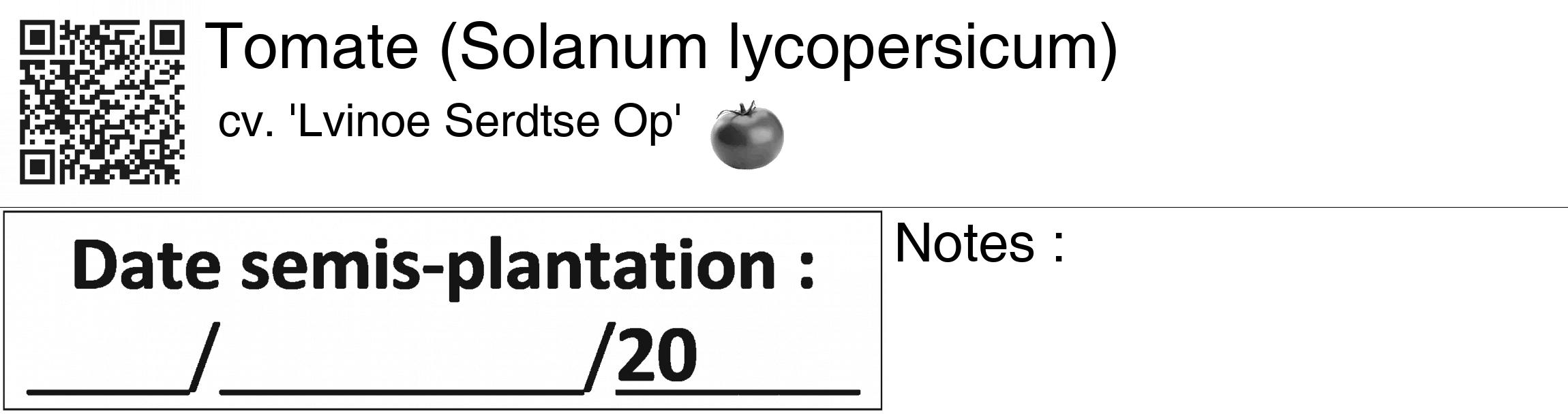 Étiquette de : Solanum lycopersicum cv. 'Lvinoe Serdtse Op' - format c - style noire60_basiquegrrvhel avec qrcode et comestibilité simplifiée
