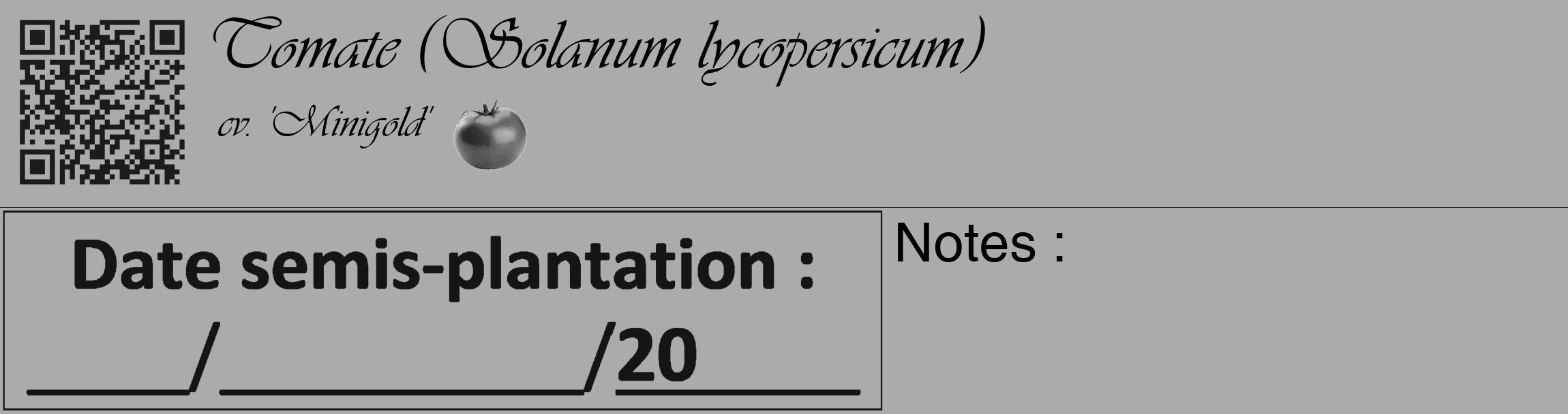 Étiquette de : Solanum lycopersicum cv. 'Minigold' - format c - style noire37_basique_basiqueviv avec qrcode et comestibilité simplifiée