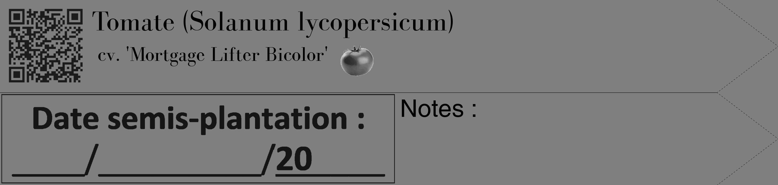 Étiquette de : Solanum lycopersicum cv. 'Mortgage Lifter Bicolor' - format c - style noire31_simple_simplebod avec qrcode et comestibilité simplifiée