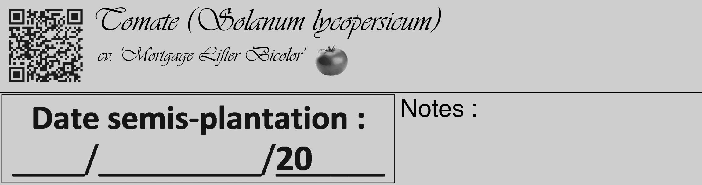 Étiquette de : Solanum lycopersicum cv. 'Mortgage Lifter Bicolor' - format c - style noire17_basique_basiqueviv avec qrcode et comestibilité simplifiée
