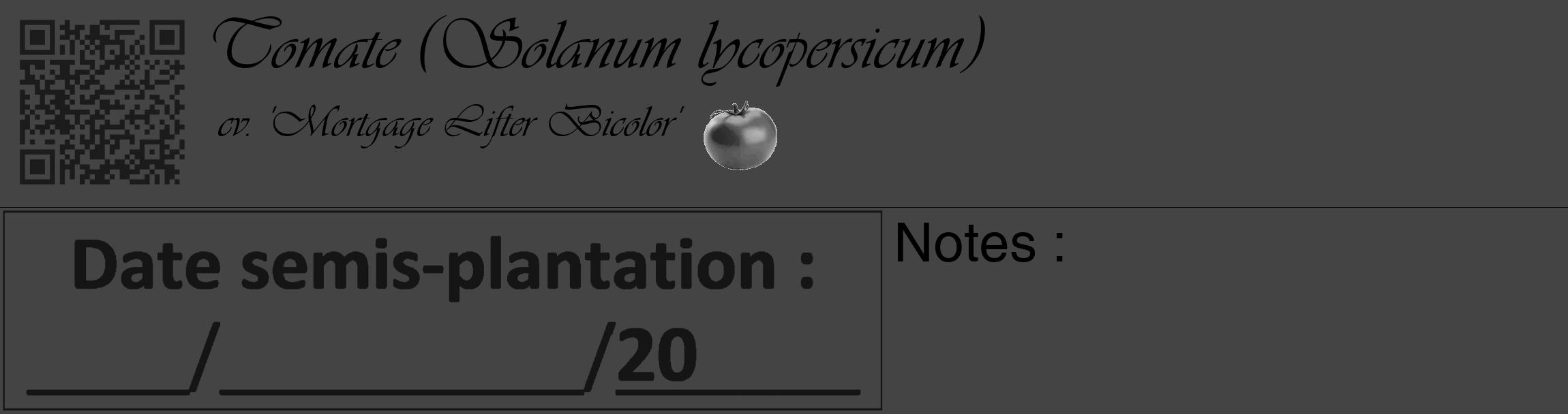 Étiquette de : Solanum lycopersicum cv. 'Mortgage Lifter Bicolor' - format c - style noire48basique_basique_basiqueviv avec qrcode et comestibilité simplifiée