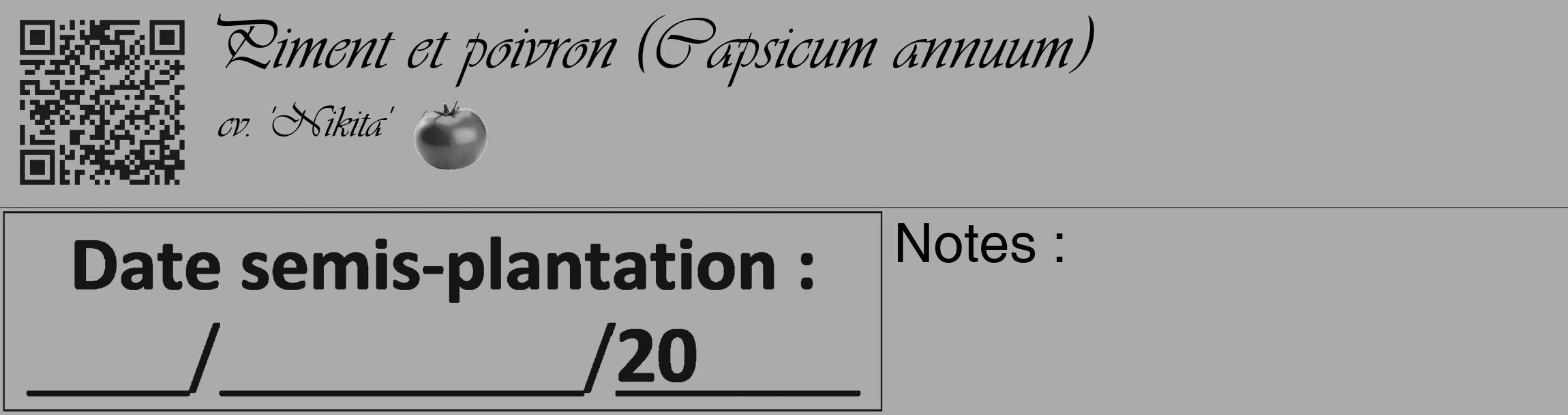 Étiquette de : Capsicum annuum cv. 'Nikita' - format c - style noire37_basique_basiqueviv avec qrcode et comestibilité simplifiée