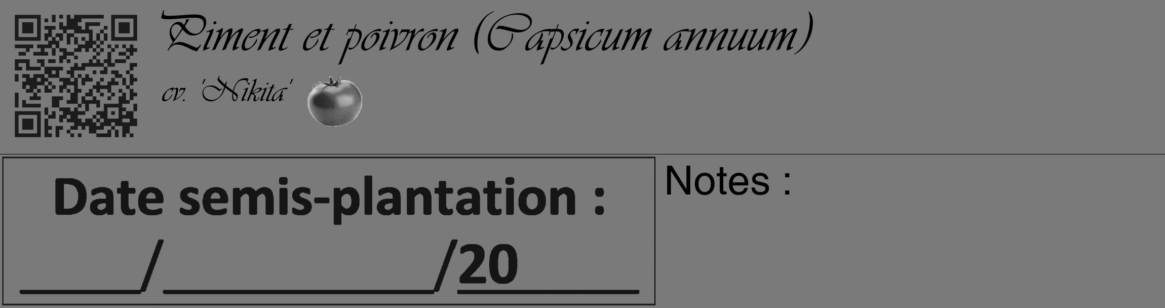 Étiquette de : Capsicum annuum cv. 'Nikita' - format c - style noire3_basique_basiqueviv avec qrcode et comestibilité simplifiée