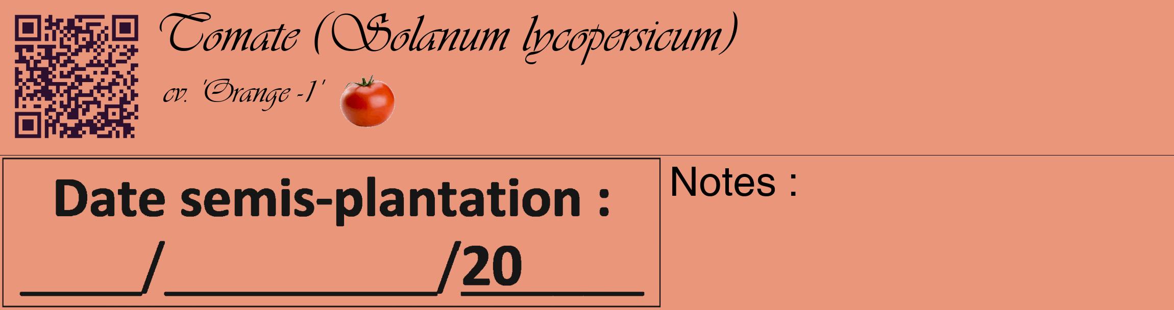 Étiquette de : Solanum lycopersicum cv. 'Orange -1' - format c - style noire37_basique_basiqueviv avec qrcode et comestibilité simplifiée