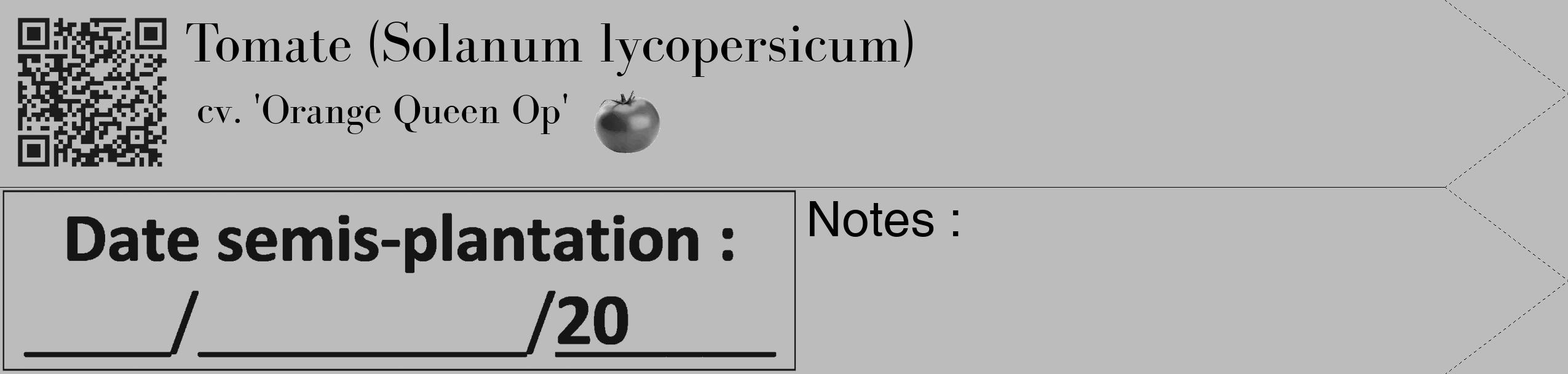 Étiquette de : Solanum lycopersicum cv. 'Orange Queen Op' - format c - style noire1_simple_simplebod avec qrcode et comestibilité simplifiée
