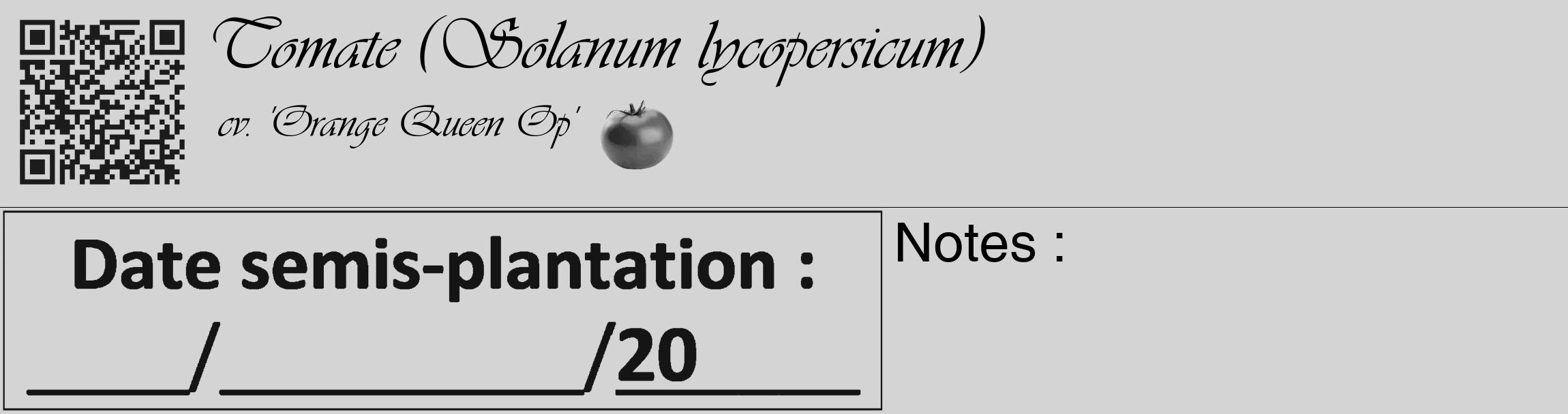 Étiquette de : Solanum lycopersicum cv. 'Orange Queen Op' - format c - style noire40basique_basique_basiqueviv avec qrcode et comestibilité simplifiée
