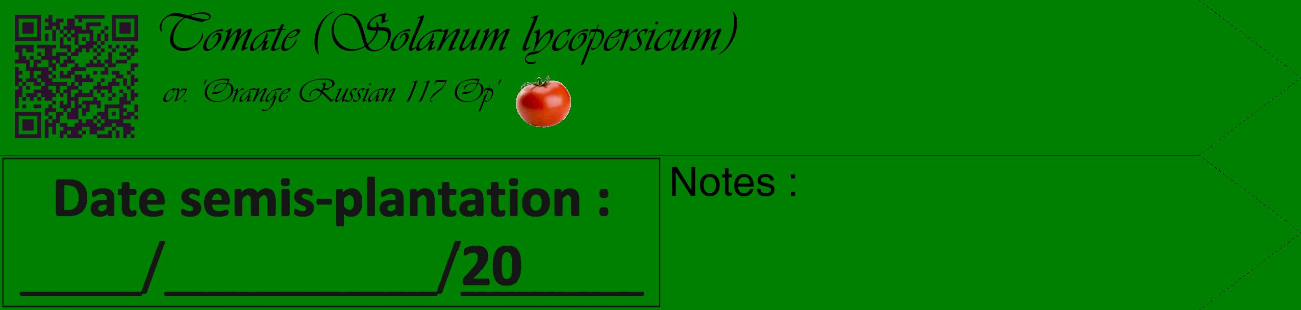 Étiquette de : Solanum lycopersicum cv. 'Orange Russian 117 Op' - format c - style noire9simple_basique_basiqueviv avec qrcode et comestibilité simplifiée