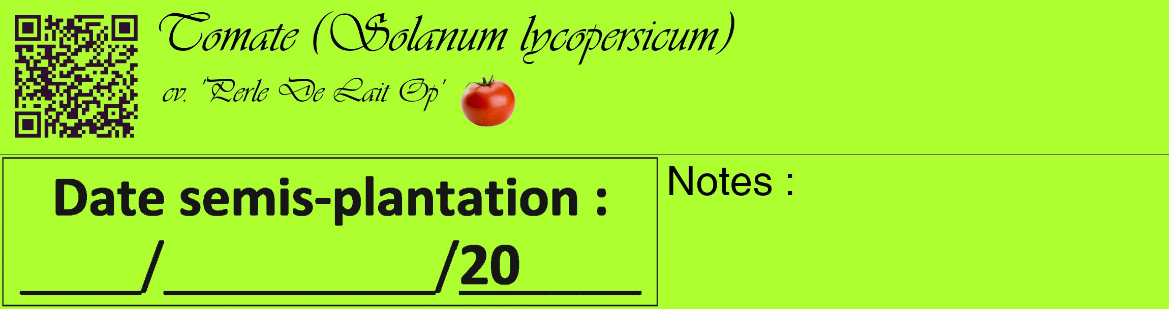Étiquette de : Solanum lycopersicum cv. 'Perle De Lait Op' - format c - style noire17_basique_basiqueviv avec qrcode et comestibilité simplifiée