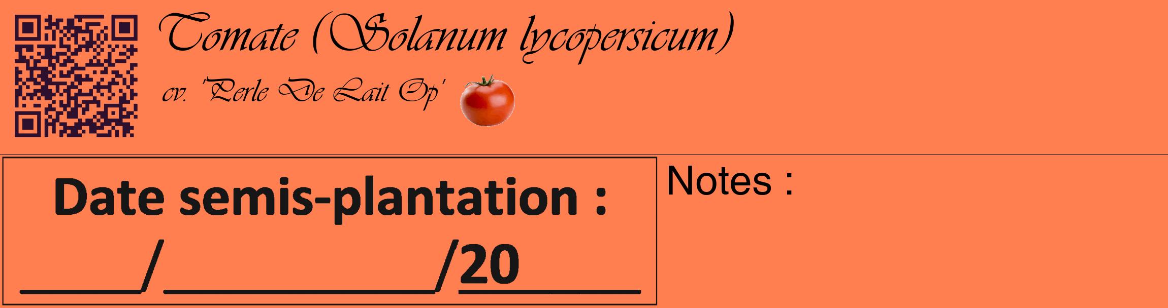 Étiquette de : Solanum lycopersicum cv. 'Perle De Lait Op' - format c - style noire24_basique_basiqueviv avec qrcode et comestibilité simplifiée