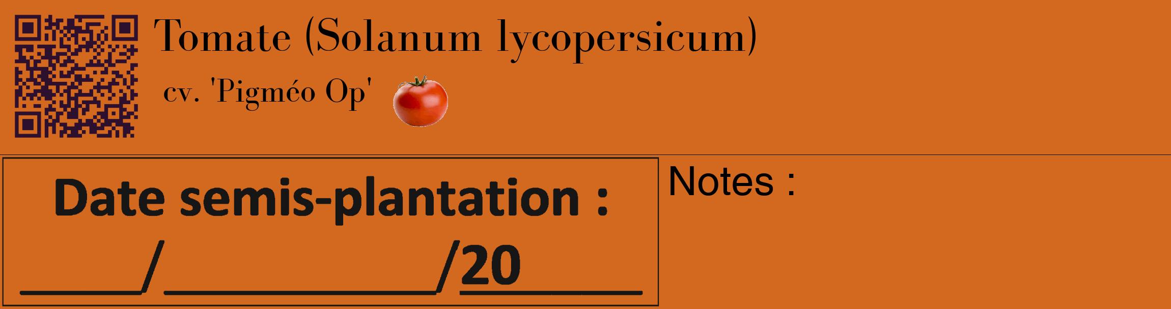 Étiquette de : Solanum lycopersicum cv. 'Pigméo Op' - format c - style noire31_basique_basiquebod avec qrcode et comestibilité simplifiée