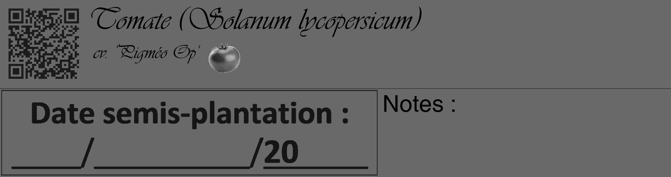 Étiquette de : Solanum lycopersicum cv. 'Pigméo Op' - format c - style noire51basique_basique_basiqueviv avec qrcode et comestibilité simplifiée