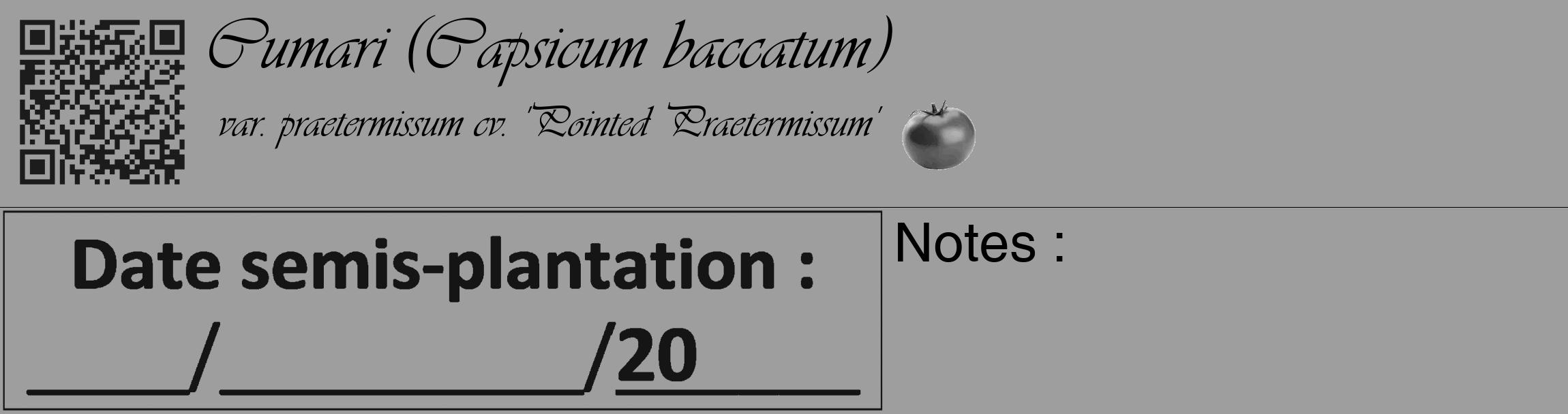 Étiquette de : Capsicum baccatum var. praetermissum cv. 'Pointed Praetermissum' - format c - style noire23_basique_basiqueviv avec qrcode et comestibilité simplifiée