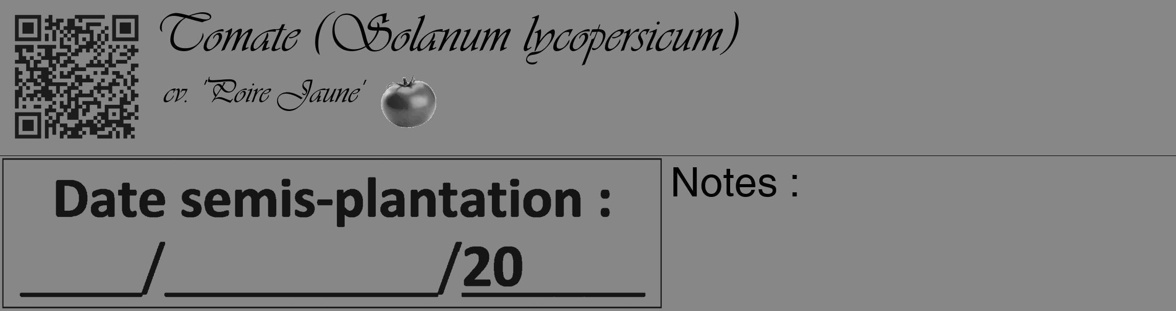 Étiquette de : Solanum lycopersicum cv. 'Poire Jaune' - format c - style noire12_basique_basiqueviv avec qrcode et comestibilité simplifiée