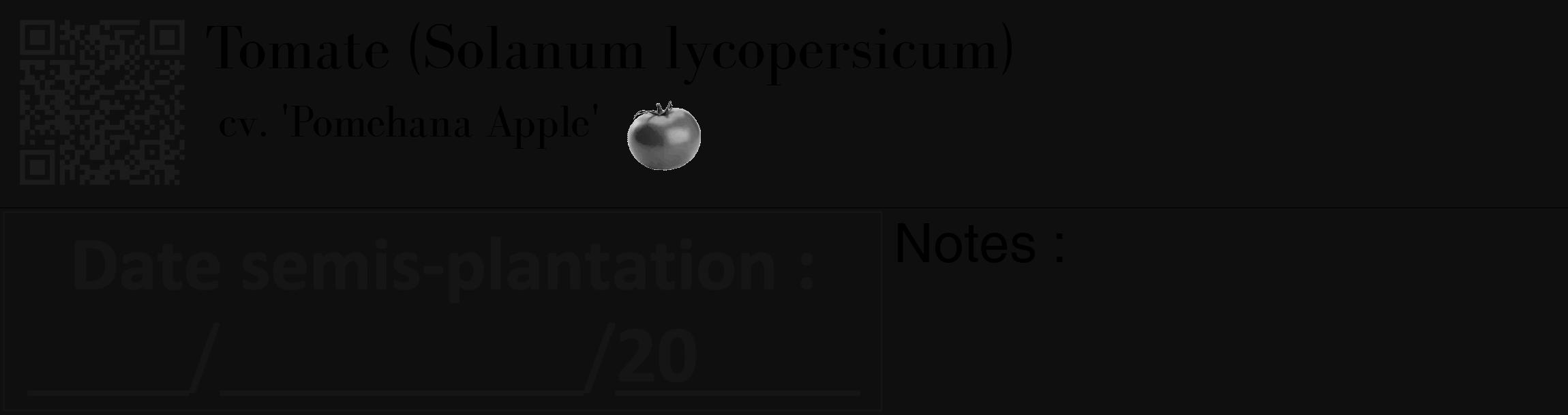 Étiquette de : Solanum lycopersicum cv. 'Pomehana Apple' - format c - style noire7basique_basique_basiquebod avec qrcode et comestibilité simplifiée