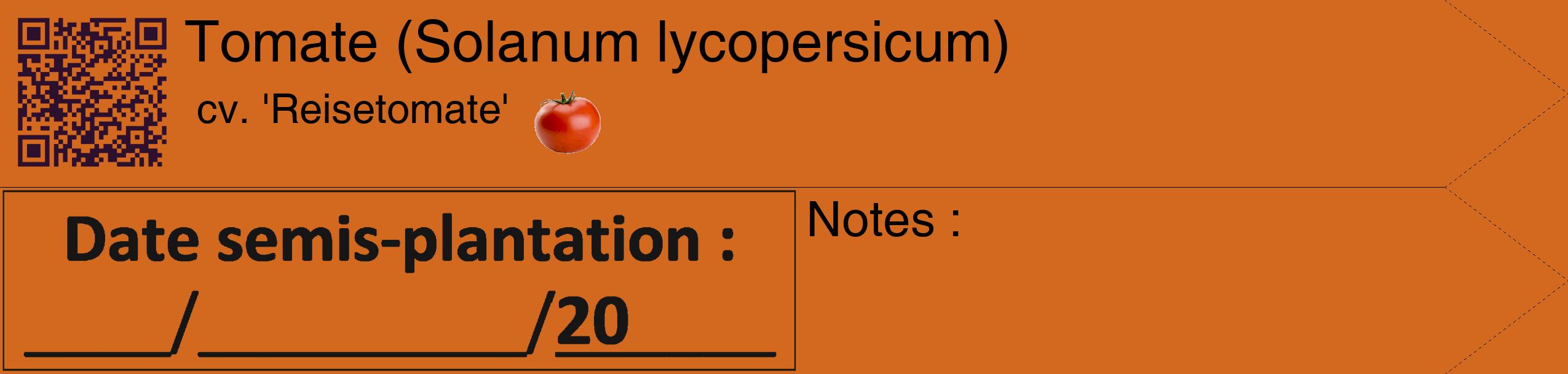 Étiquette de : Solanum lycopersicum cv. 'Reisetomate' - format c - style noire31_simple_simplehel avec qrcode et comestibilité simplifiée