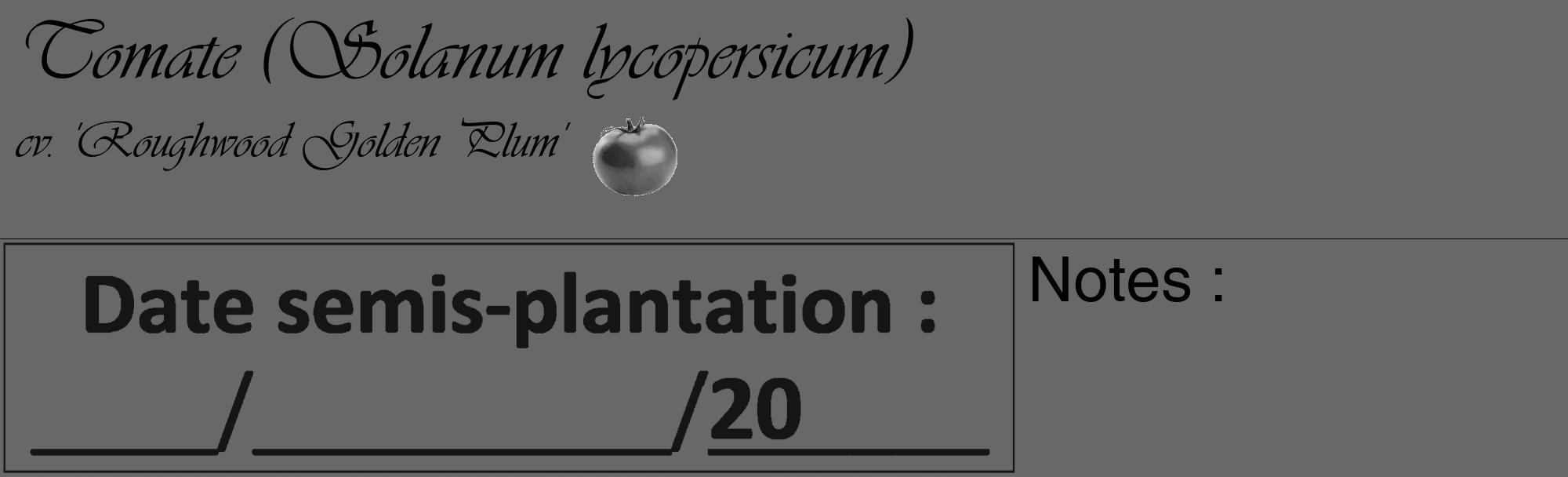 Étiquette de : Solanum lycopersicum cv. 'Roughwood Golden Plum' - format c - style noire6_basique_basiqueviv avec comestibilité simplifiée