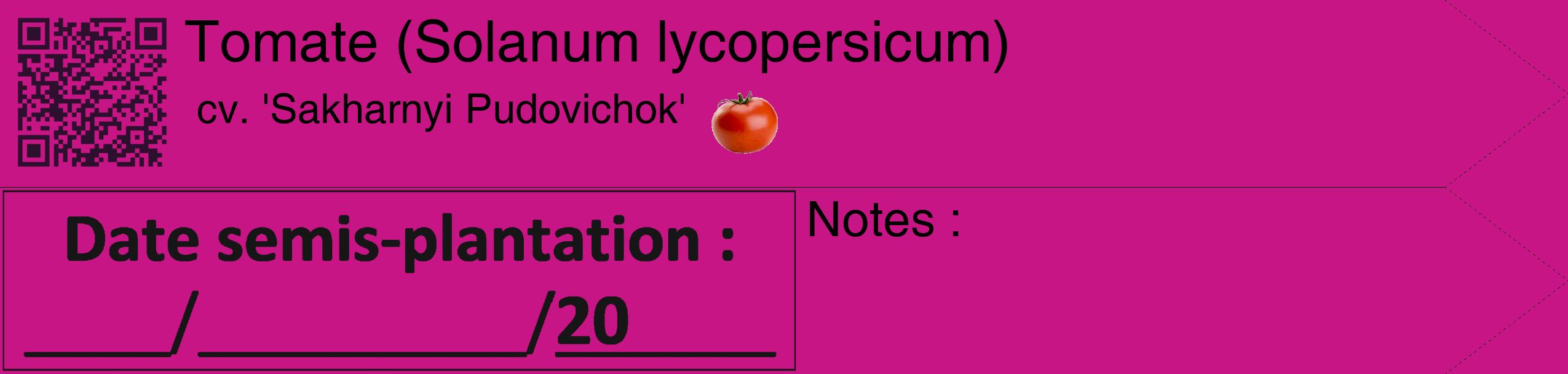 Étiquette de : Solanum lycopersicum cv. 'Sakharnyi Pudovichok' - format c - style noire45_simple_simplehel avec qrcode et comestibilité simplifiée