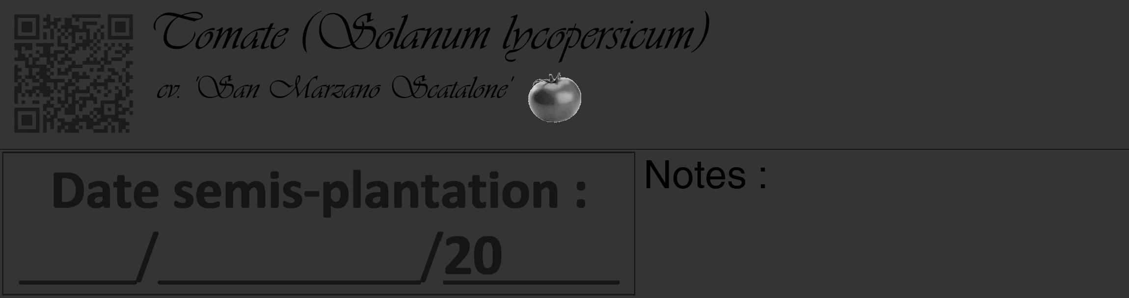 Étiquette de : Solanum lycopersicum cv. 'San Marzano Scatalone' - format c - style noire46_basique_basiqueviv avec qrcode et comestibilité simplifiée