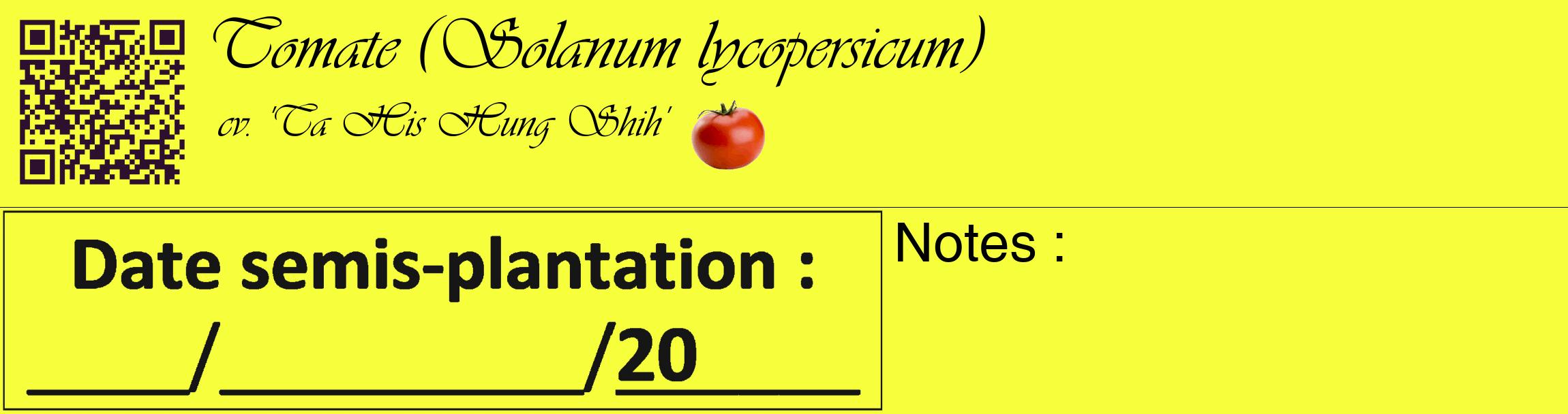 Étiquette de : Solanum lycopersicum cv. 'Ta His Hung Shih' - format c - style noire18basique_basique_basiqueviv avec qrcode et comestibilité simplifiée