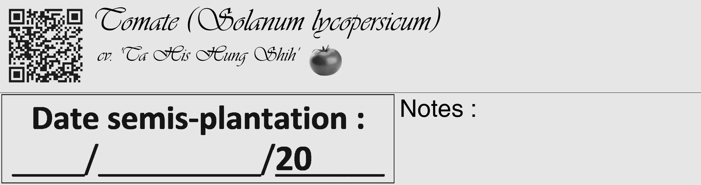 Étiquette de : Solanum lycopersicum cv. 'Ta His Hung Shih' - format c - style noire18basique_basique_basiqueviv avec qrcode et comestibilité simplifiée