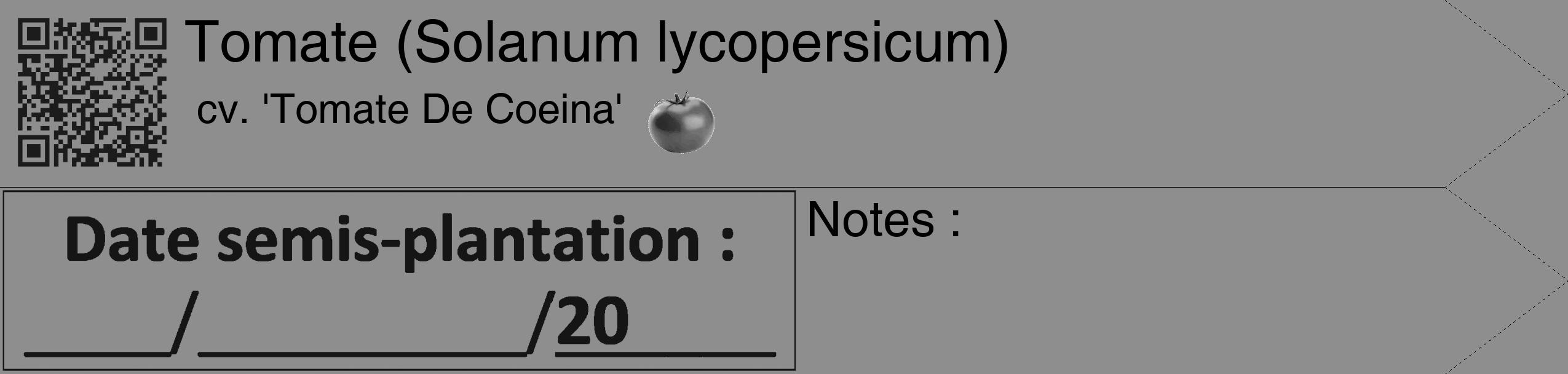 Étiquette de : Solanum lycopersicum cv. 'Tomate De Coeina' - format c - style noire25_simple_simplehel avec qrcode et comestibilité simplifiée