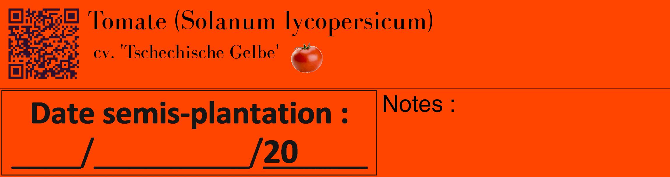 Étiquette de : Solanum lycopersicum cv. 'Tschechische Gelbe' - format c - style noire26_basique_basiquebod avec qrcode et comestibilité simplifiée