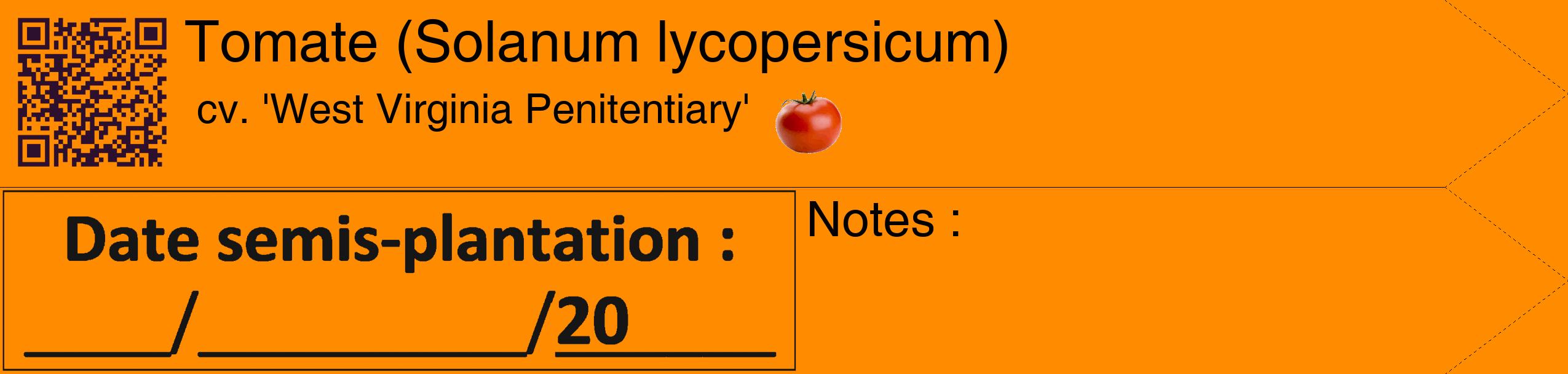Étiquette de : Solanum lycopersicum cv. 'West Virginia Penitentiary' - format c - style noire23_simple_simplehel avec qrcode et comestibilité simplifiée