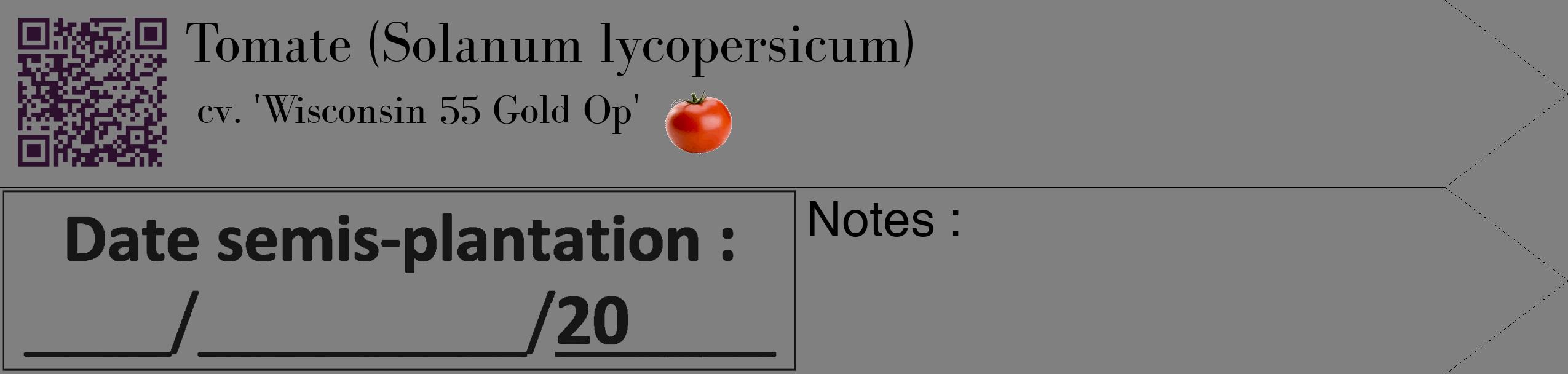 Étiquette de : Solanum lycopersicum cv. 'Wisconsin 55 Gold Op' - format c - style noire57_simple_simplebod avec qrcode et comestibilité simplifiée