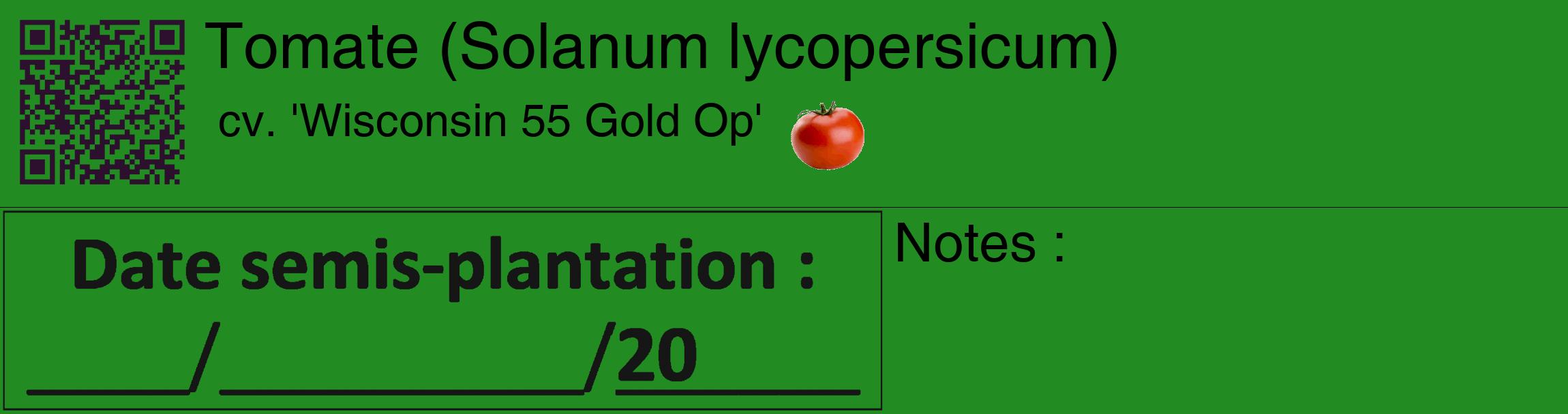 Étiquette de : Solanum lycopersicum cv. 'Wisconsin 55 Gold Op' - format c - style noire10_basique_basiquehel avec qrcode et comestibilité simplifiée