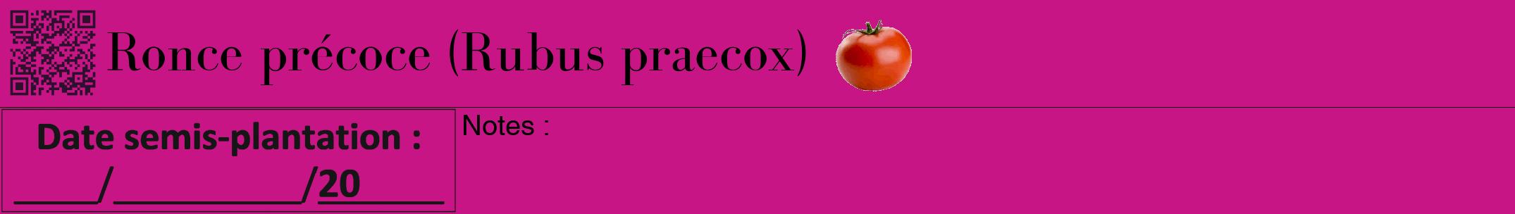 Étiquette de : Rubus praecox - format a - style noire45bod avec qrcode et comestibilité simplifiée