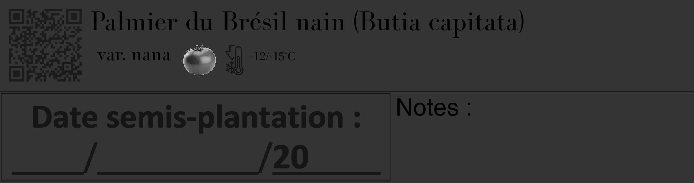 Étiquette de : Butia capitata var. nana - format c - style noire46basique_basique_basiquebod avec qrcode et comestibilité simplifiée