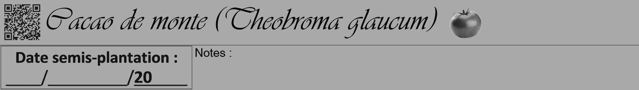 Étiquette de : Theobroma glaucum - format a - style noire13viv avec qrcode et comestibilité simplifiée