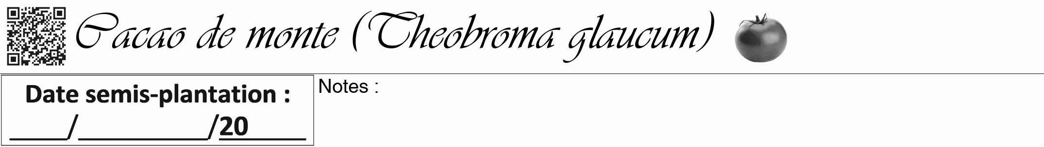 Étiquette de : Theobroma glaucum - format a - style noire19viv avec qrcode et comestibilité simplifiée