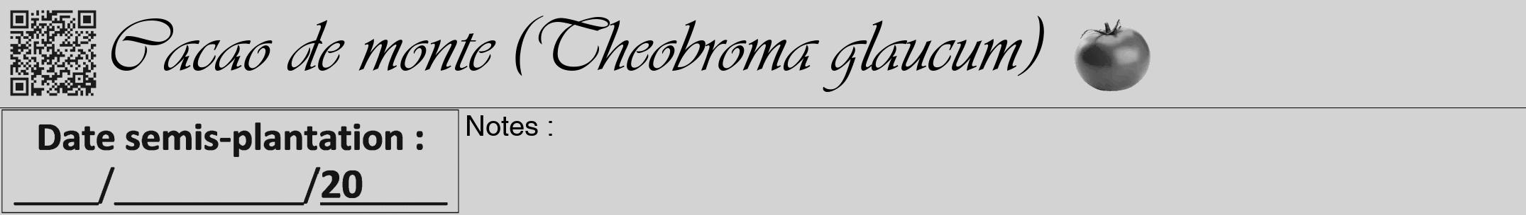 Étiquette de : Theobroma glaucum - format a - style noire56viv avec qrcode et comestibilité simplifiée