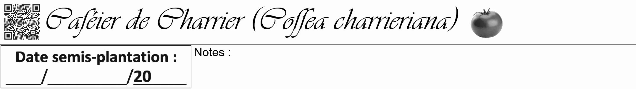 Étiquette de : Coffea charrieriana - format a - style noire19viv avec qrcode et comestibilité simplifiée
