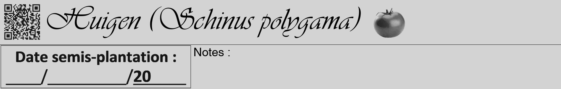 Étiquette de : Schinus polygama - format a - style noire56basiqueviv avec qrcode et comestibilité simplifiée