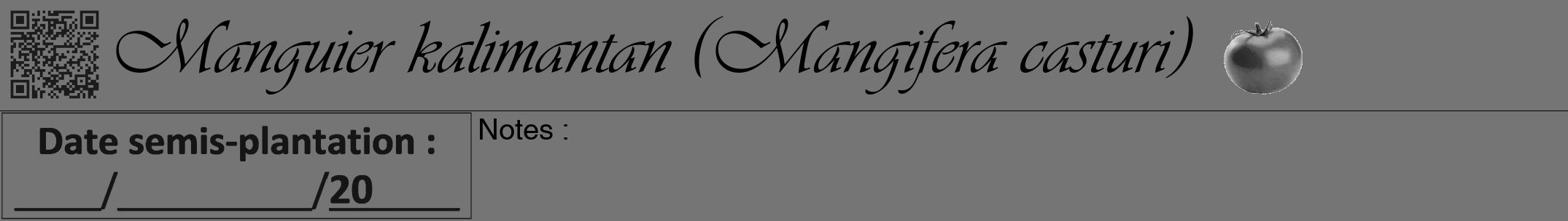 Étiquette de : Mangifera casturi - format a - style noire5viv avec qrcode et comestibilité simplifiée