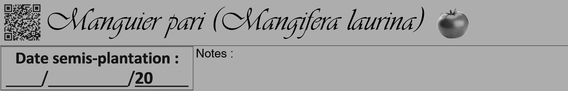 Étiquette de : Mangifera laurina - format a - style noire22basiqueviv avec qrcode et comestibilité simplifiée