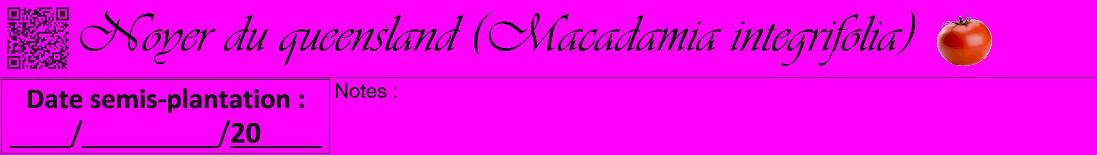 Étiquette de : Macadamia integrifolia - format a - style noire51viv avec qrcode et comestibilité simplifiée