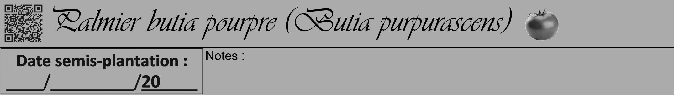 Étiquette de : Butia purpurascens - format a - style noire37viv avec qrcode et comestibilité simplifiée