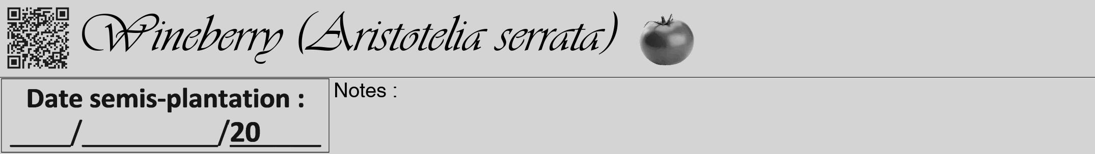 Étiquette de : Aristotelia serrata - format a - style noire40viv avec qrcode et comestibilité simplifiée